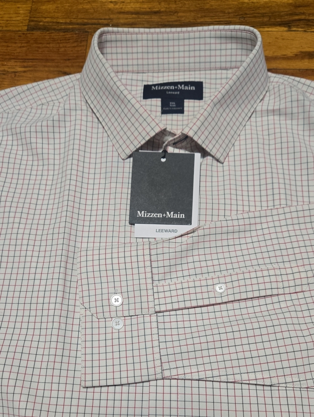 Mizzen+Main Leeward White Dress Shirt W/ Red and Blue Windowpane Check XXL Trim
